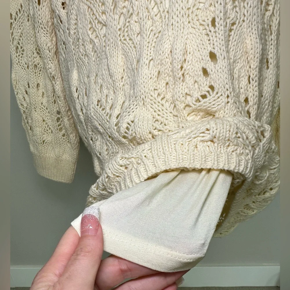 Free People Elton Sweater Dress Cream‎ Open Knit Collared Long Sleeve Boho M